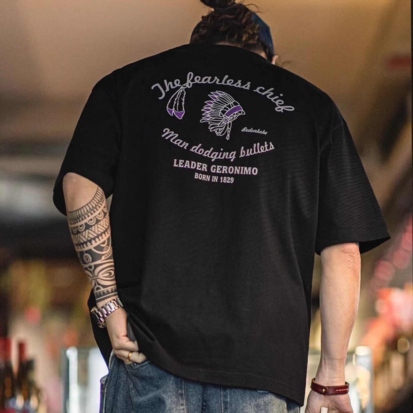Vintage Men's Graphic Tee Indian Headdresses Print Short Sleeve T-Shirt