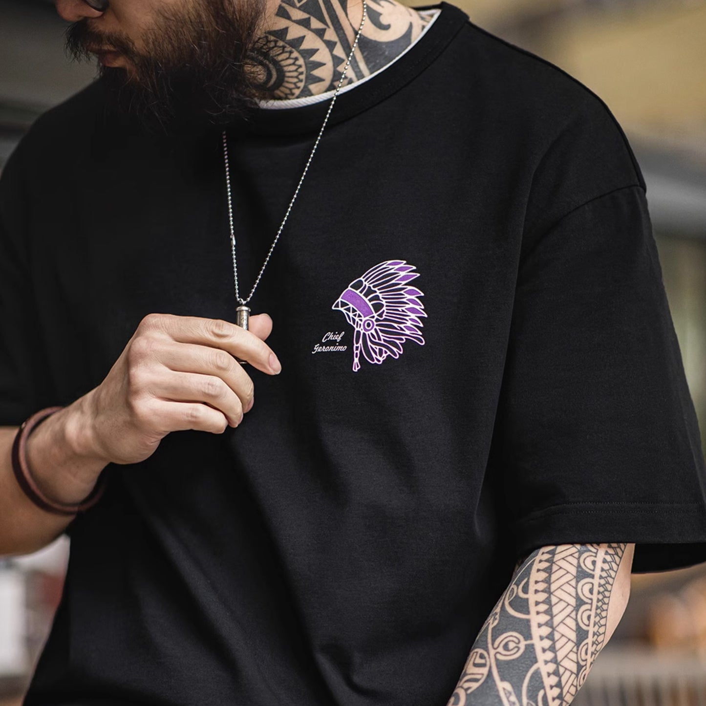 Vintage Men's Graphic Tee Indian Headdresses Print Short Sleeve T-Shirt