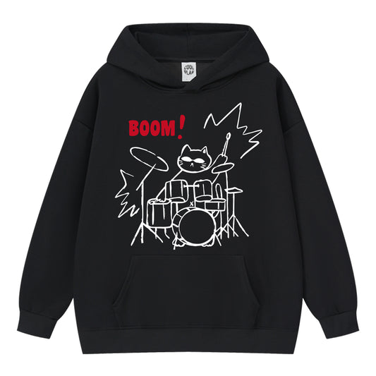Novelty Rock Cat Drum Graphic Hoodie Unisex Streetwear Hoody Sweatshirt